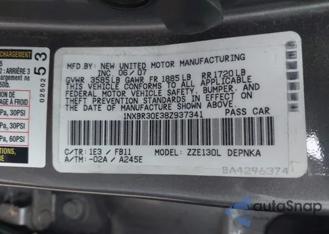 2008 Toyota Corolla Le z USA, uszkodzony, nr VIN 1NXBR30E38Z937341